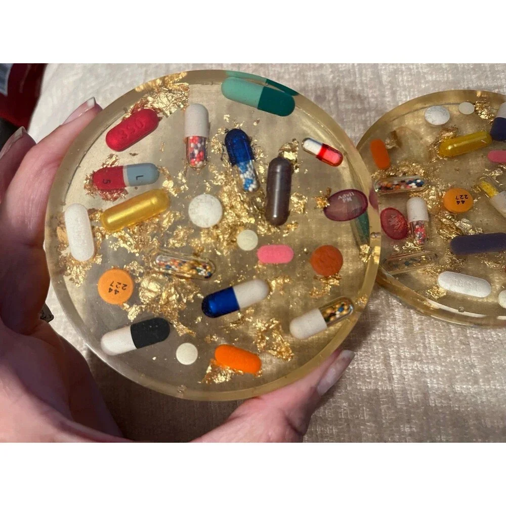 Vintage Clear Lucite Fun Pill & Gold leaf Drinks Coasters Great Gift Barware